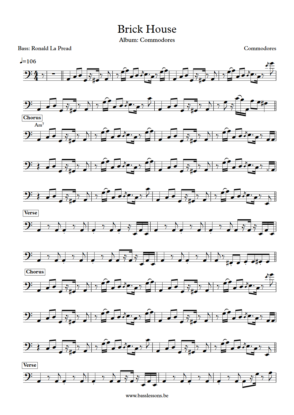 Commodores Brick house Ronald La Pread bass transcription