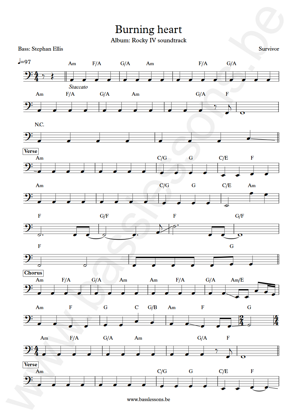 Survivor Burning heart Stephan Ellis Bass Transcription