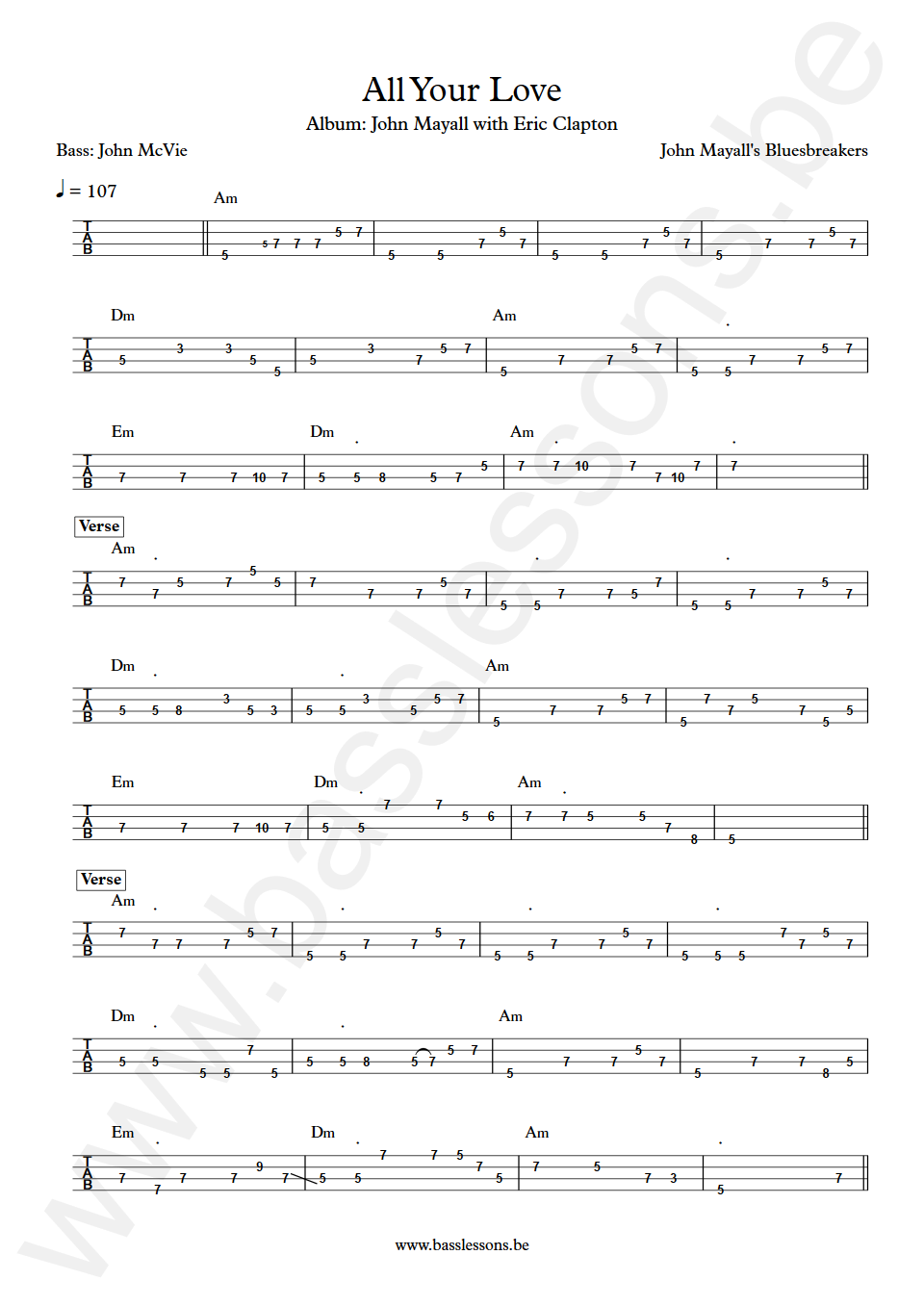 John Mayall Bluesbreakers All Your Love John McVie Bass Tabs