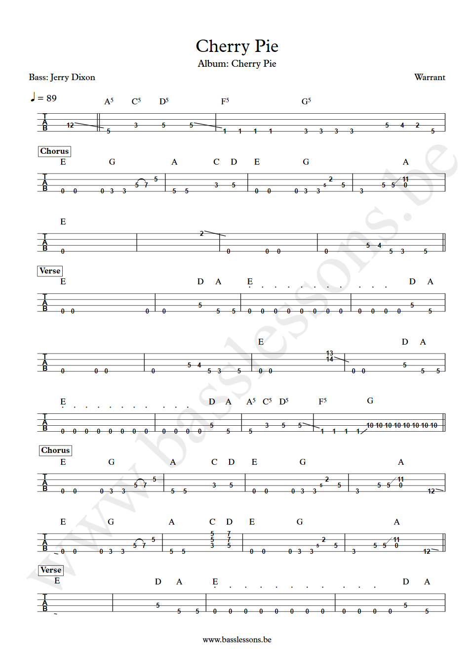 Warrant Cherry Pie Jerry Dixon  Bass Tabs