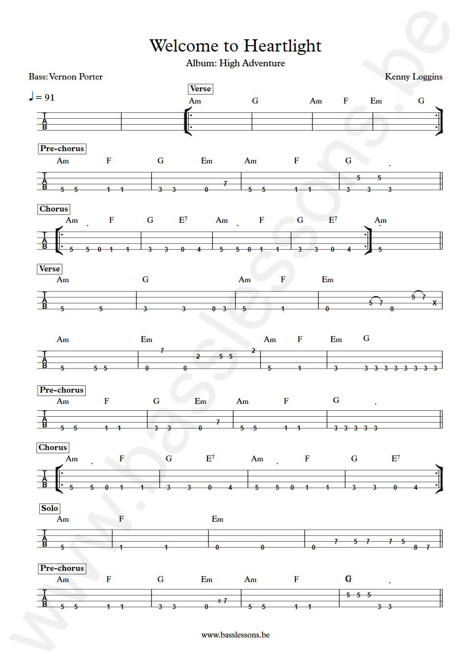 Kenny Loggins Welcome to Heartlight Vernon Porter Bass Tabs