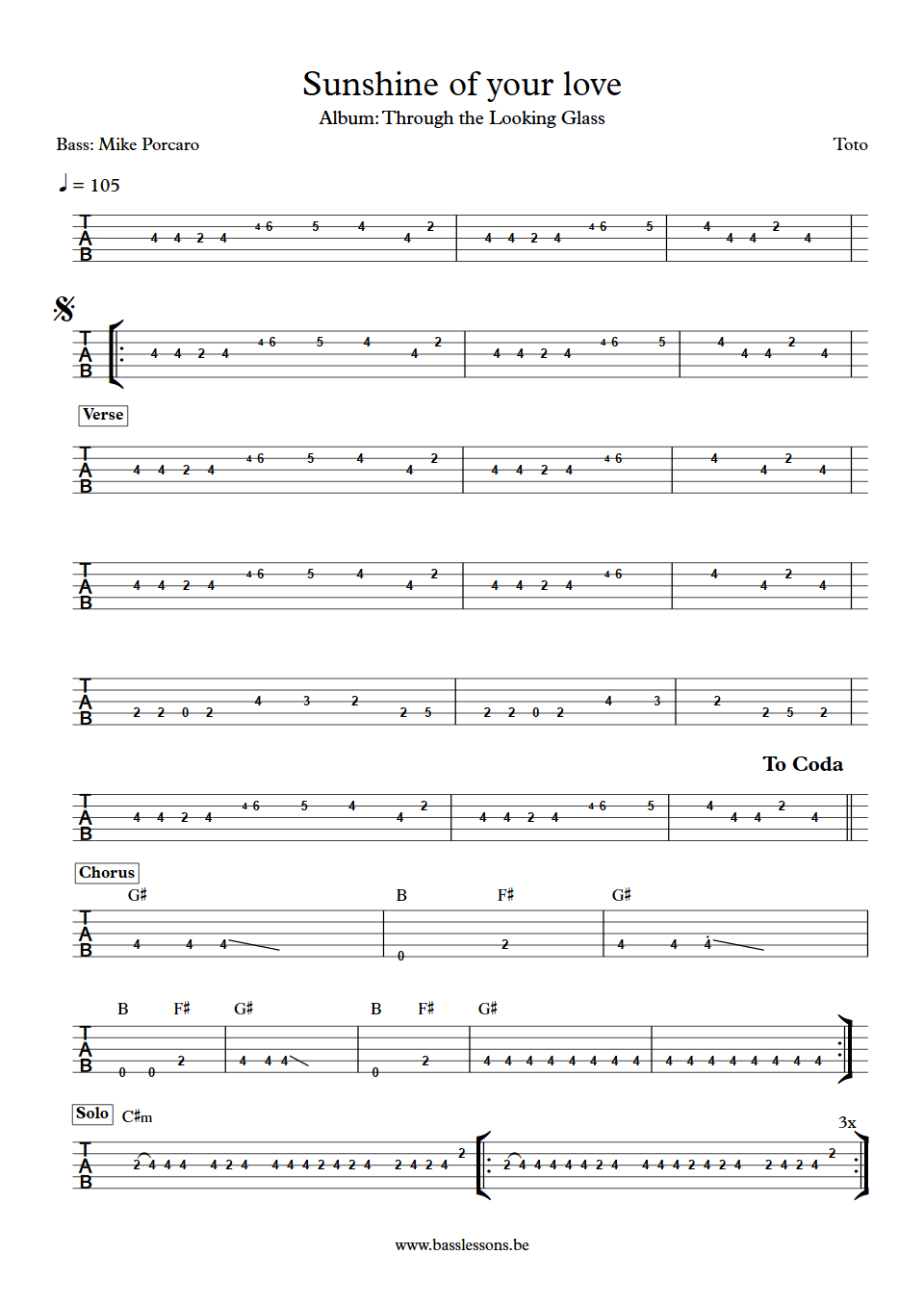 Toto Sunshine of your love Mike Porcaro Bass Tabs