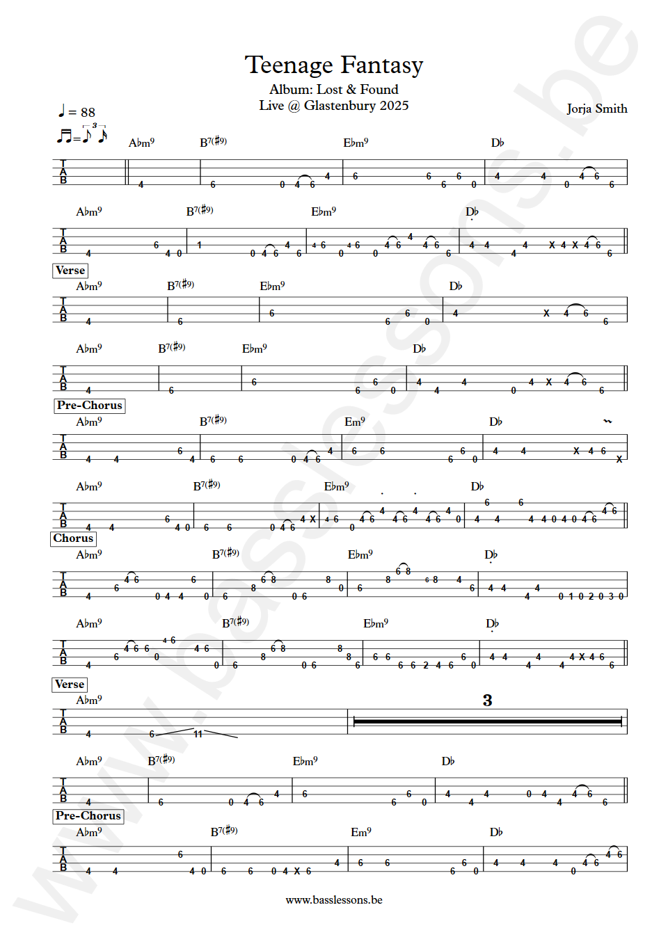 Jorja Smith Teenage Fantasy Bass Tabs