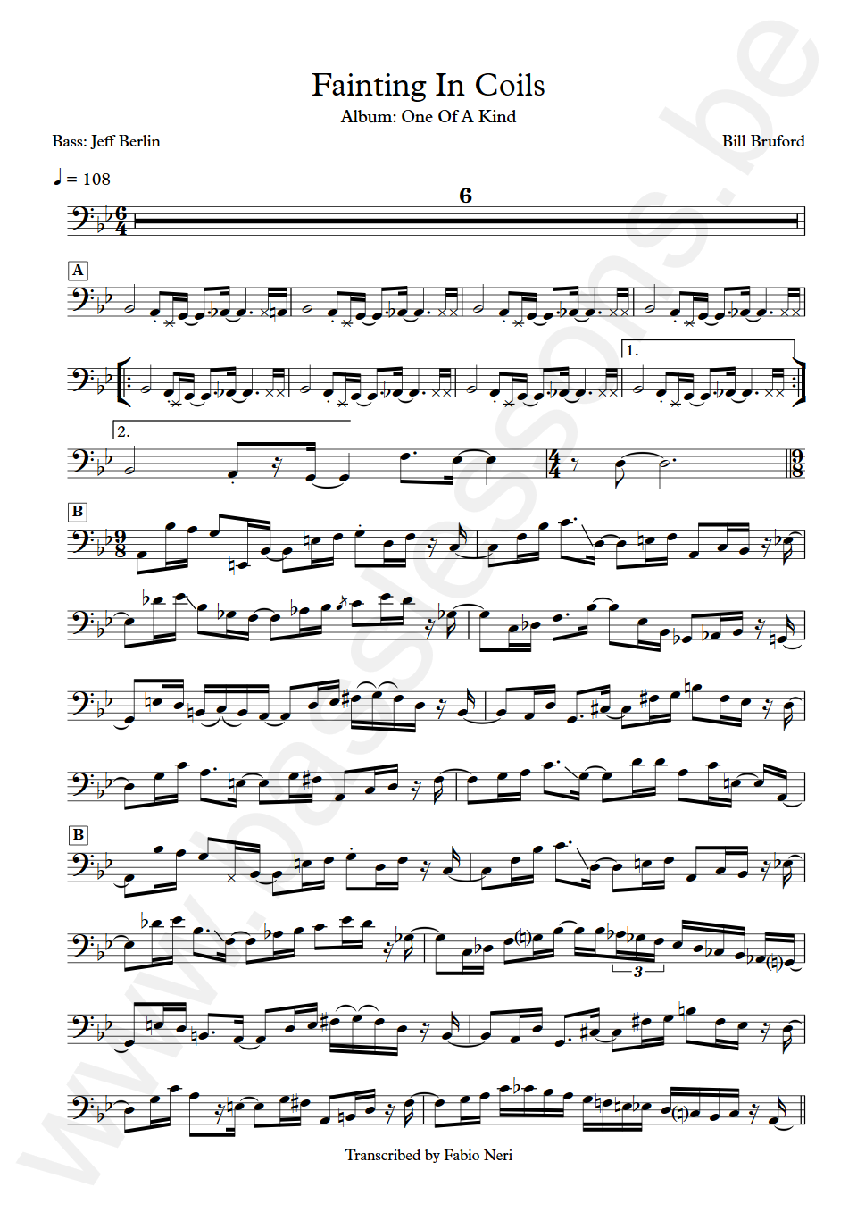 Bill Bruford Fainting In Coils Jeff Berlin Bass Transcription