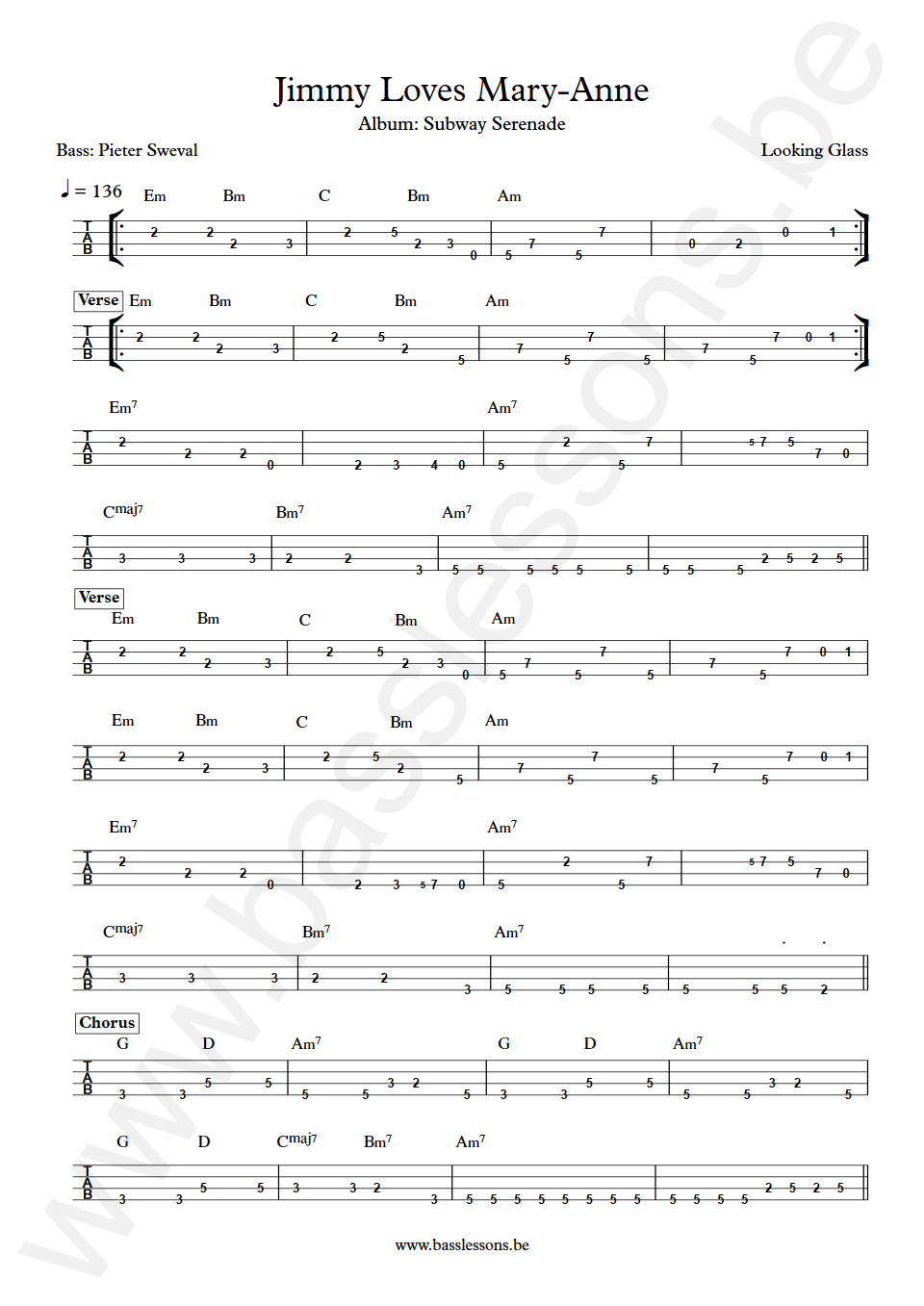 Looking Glass Jimmy Loves Mary-Anne Pieter Sweval Bass Tabs