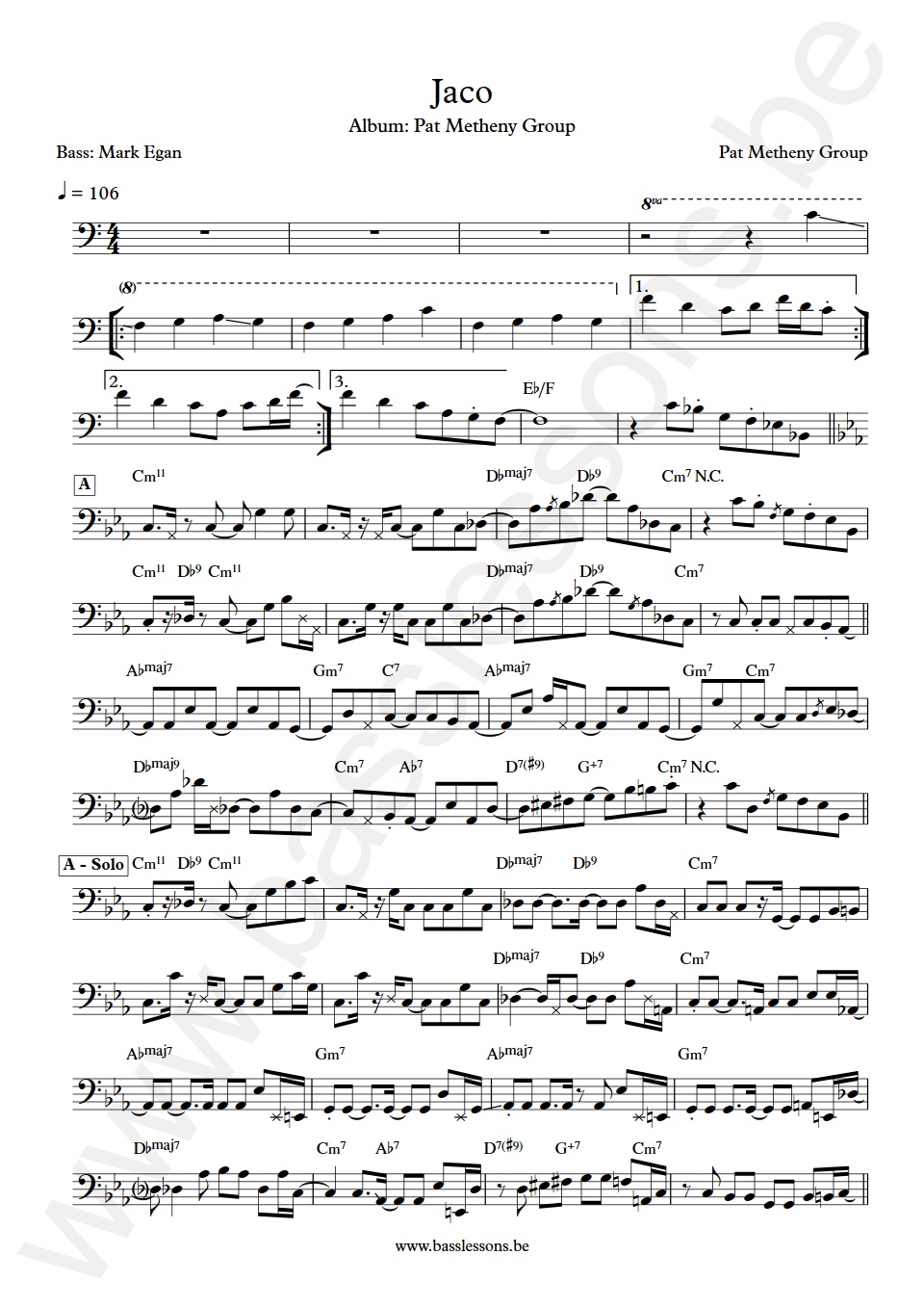 Pat Metheny Group Jaco Mark Egan Bass Transcription