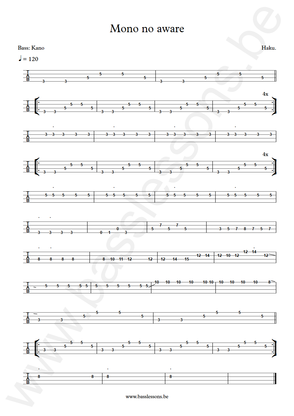 Haku. Mono no aware Kano Bass Tabs