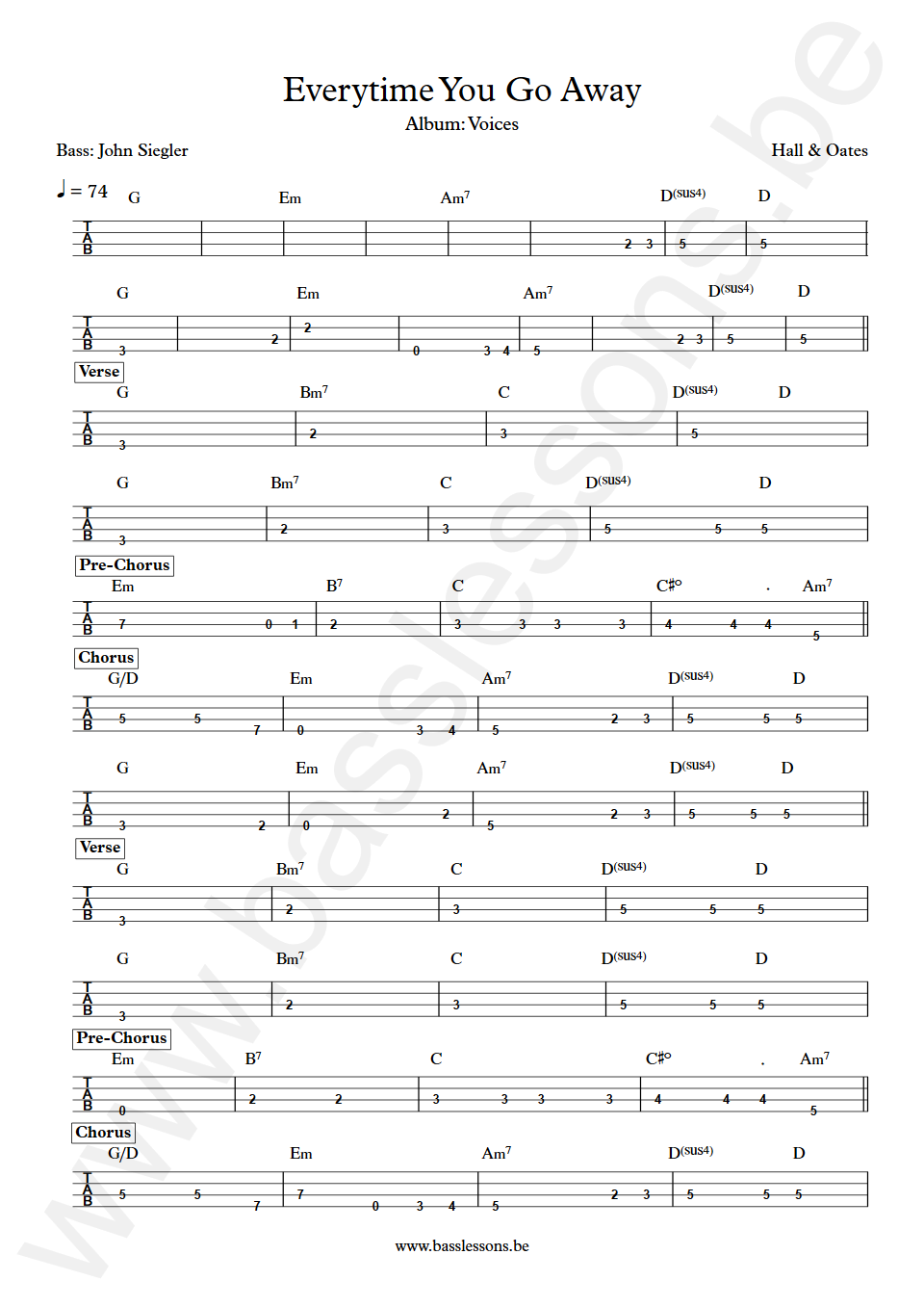 Hall & Oates Everytime You Go Away John Siegler Bass Tabs