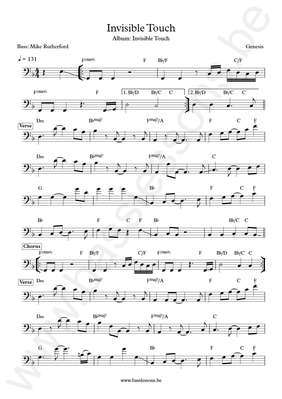 Genesis  Invisible Touch Mike Rutherford Bass Transcription