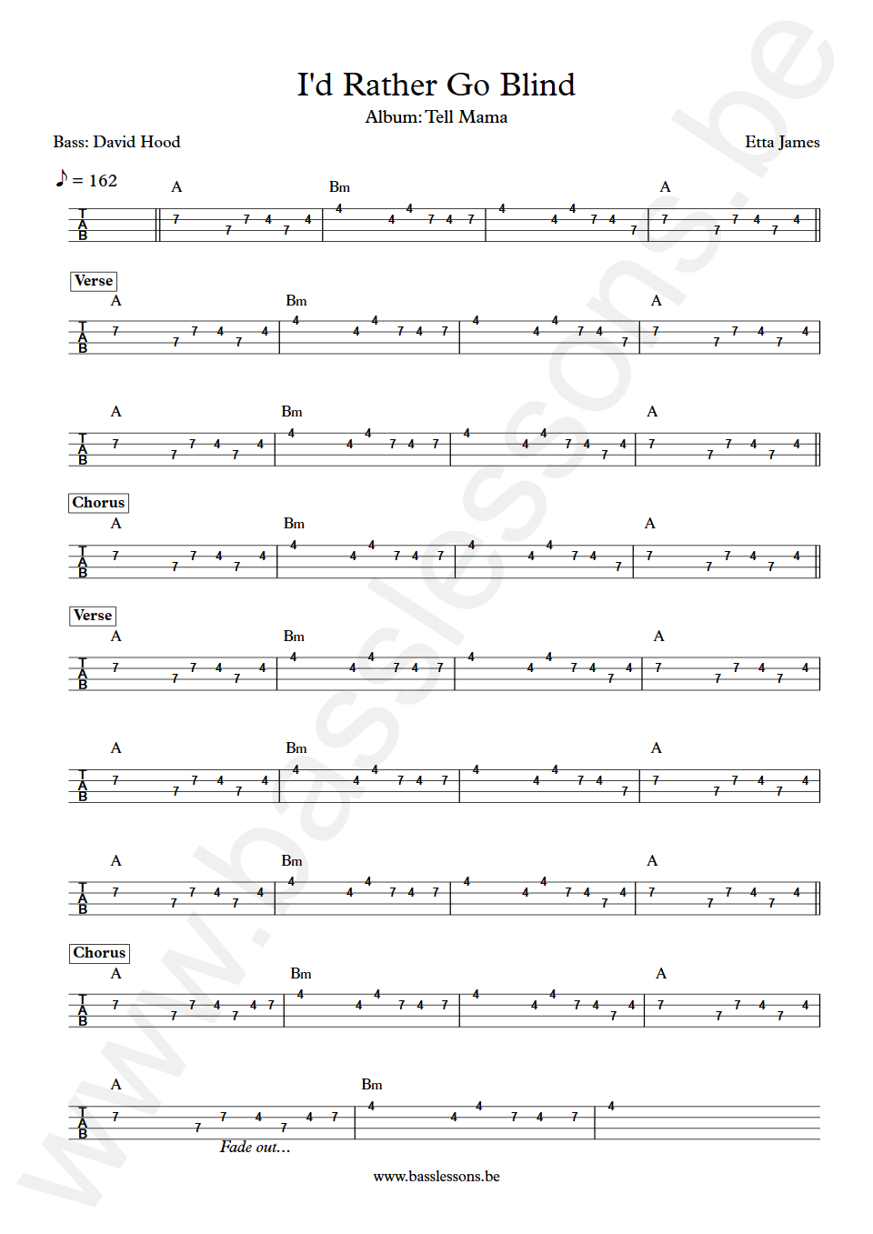 Etta James I'd Rather Go Blind David Hood Bass Tabs
