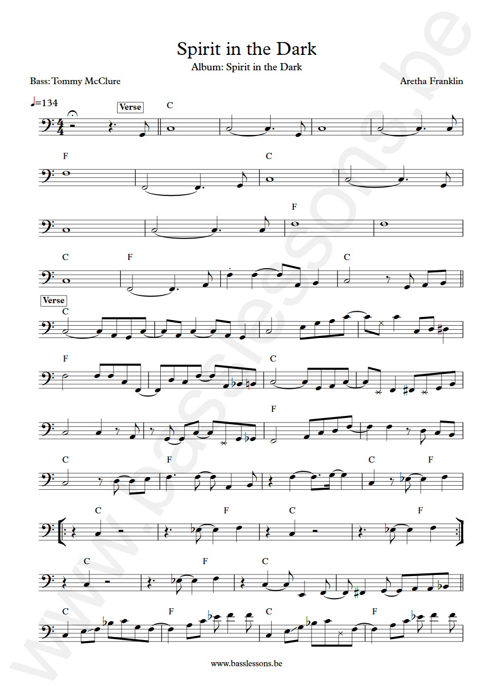 Aretha Franklin Spirit in the Dark Tommy McClure Bass Transcription