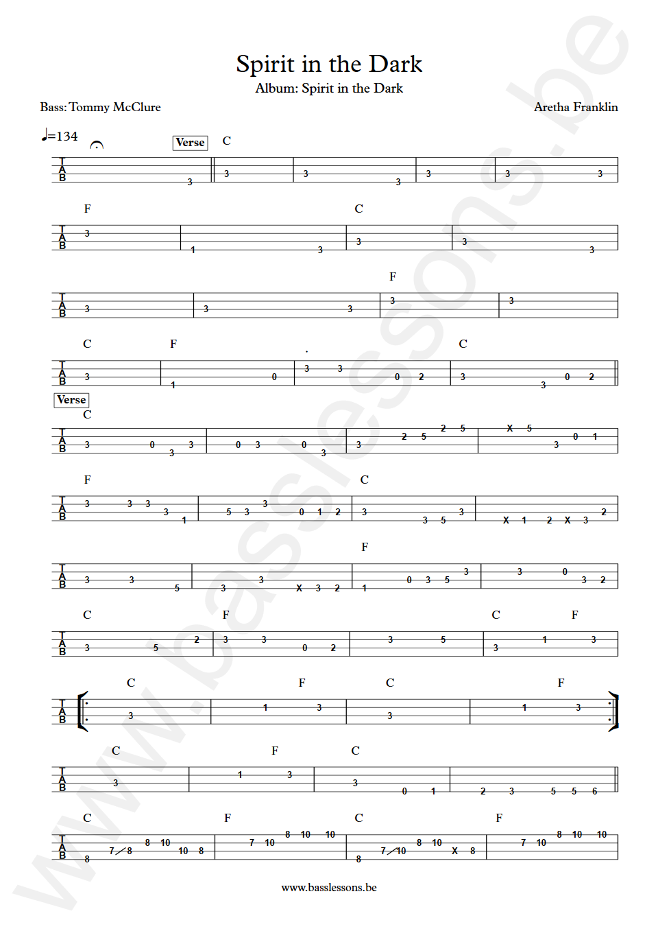 Aretha Franklin Spirit in the Dark Tommy McClure Bass Tabs