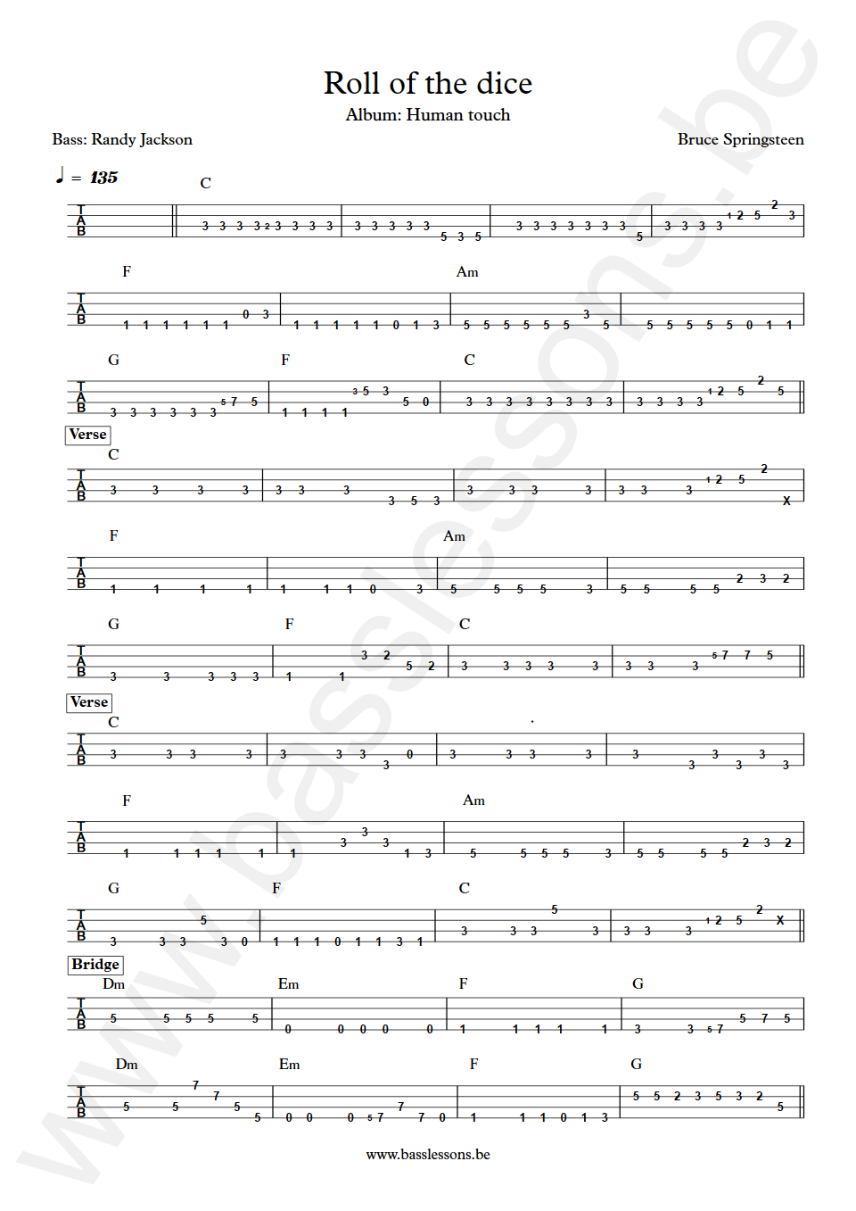 Bruce Springsteen Roll of the dice Randy Jackson Bass Tabs