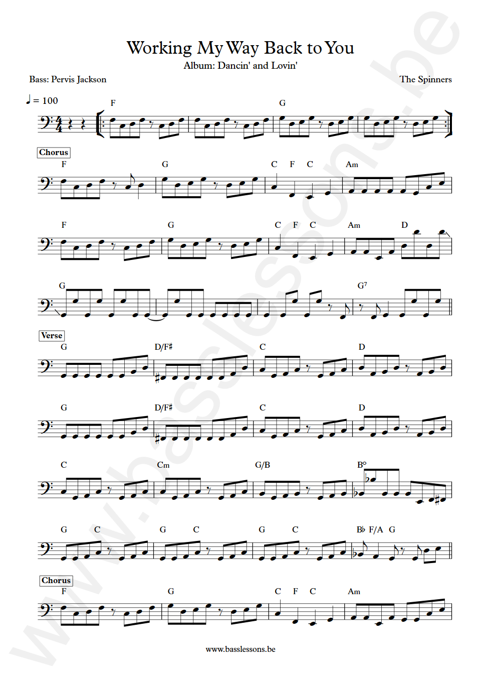 The Spinners Working My Way Back to You Pervis Jackson  Bass Transcription