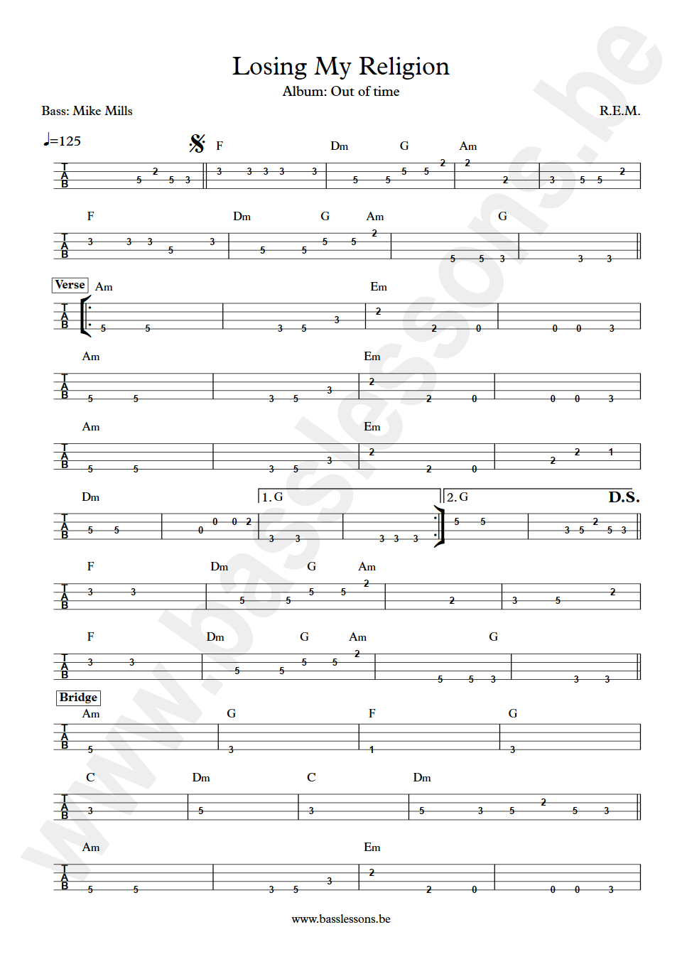 REM losing my religion Mike Mills bass tab