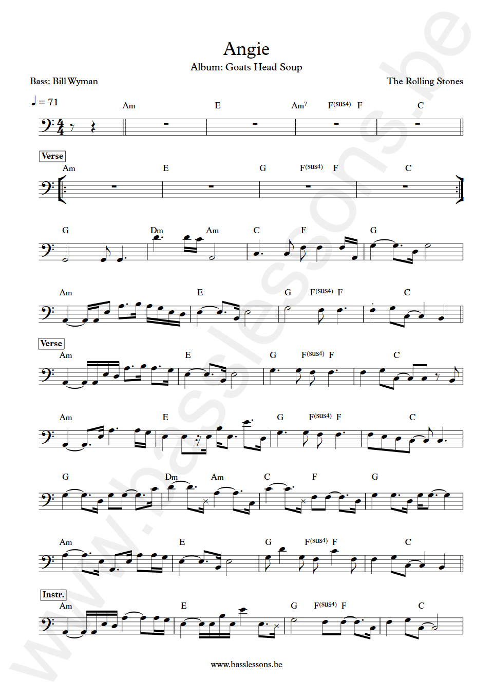 The Rolling Stones Angie Bill Wyman Bass Transcription