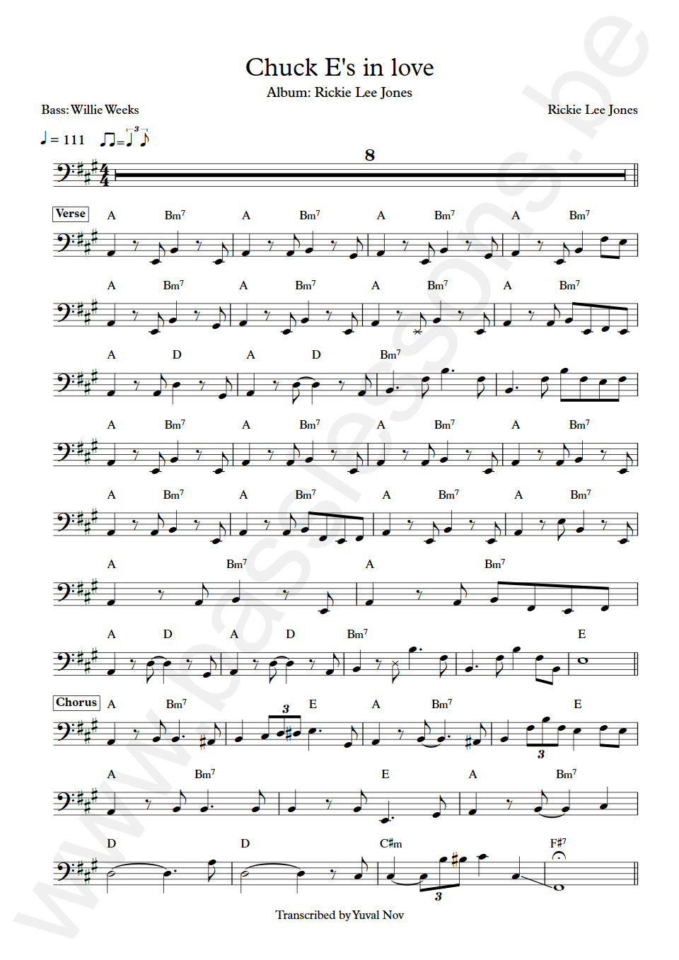 Rickie Lee Jones Chuck Es in love Willie Weeks Bass Transcription