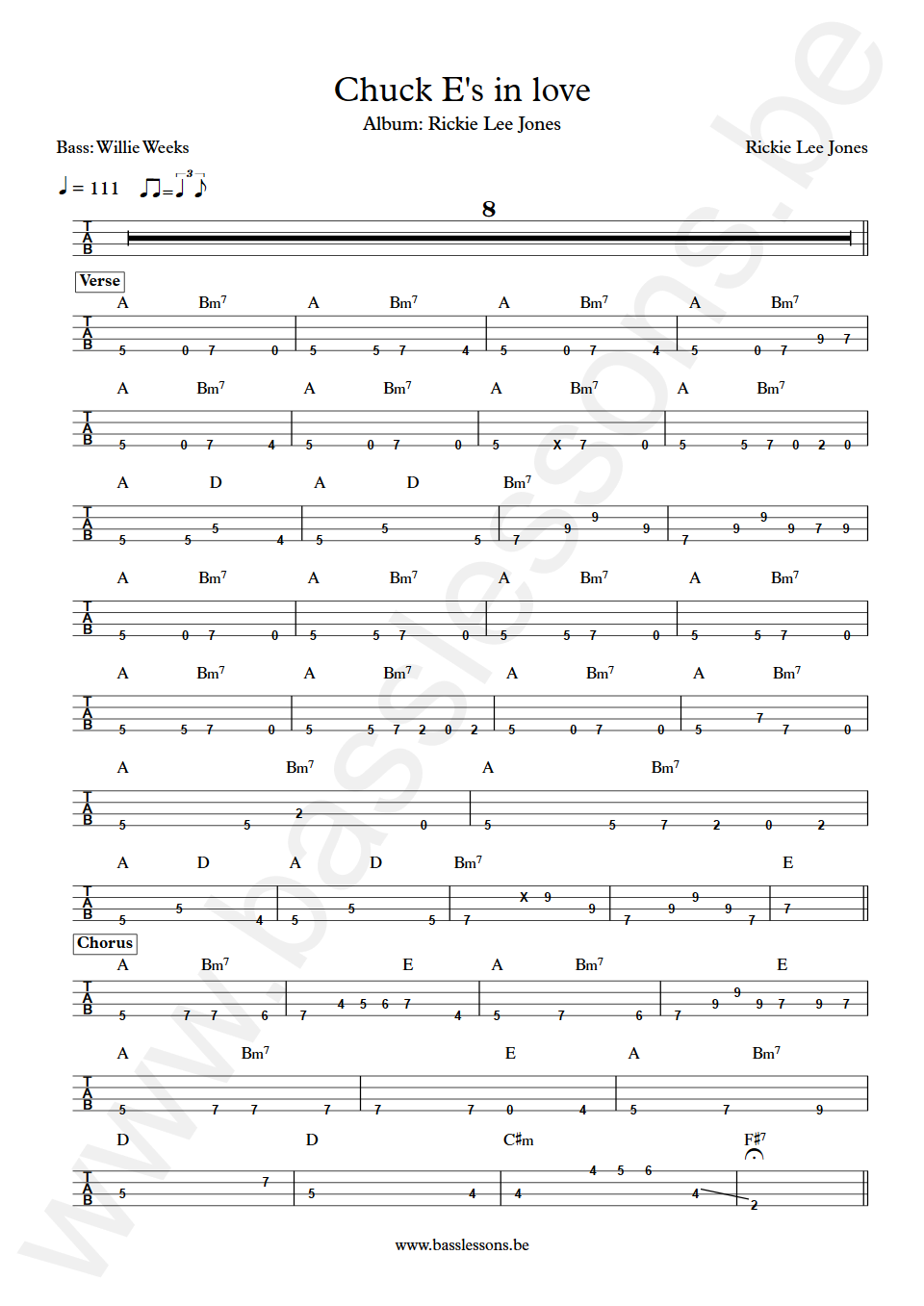 Rickie Lee Jones Chuck Es in love Willie Weeks Bass Tabs