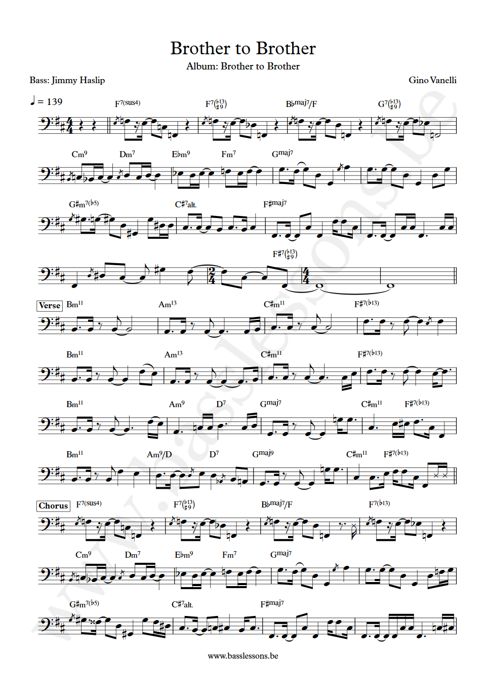 Gino Vanelli Brother to Brother Jimmy Haslip  Bass Transcription