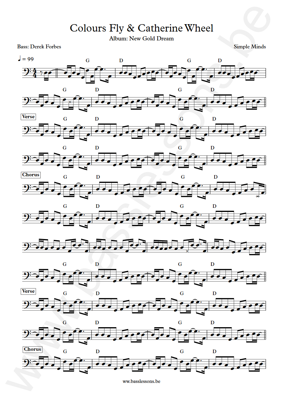 Simple Minds Colours Fly & Catherine Wheel Derek Forbes  Bass Transcription