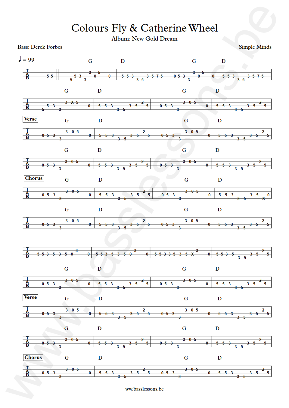 Simple Minds Colours Fly & Catherine Wheel Derek Forbes  Bass Tab