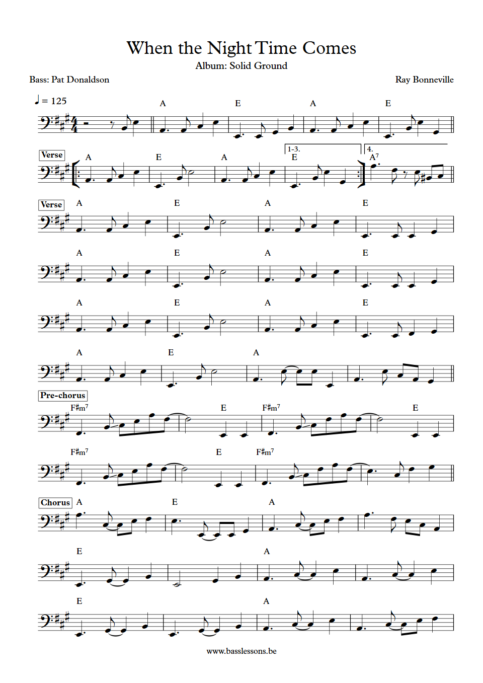 Ray Bonneville When the Night Time Comes Pat Donaldson Bass Transcription