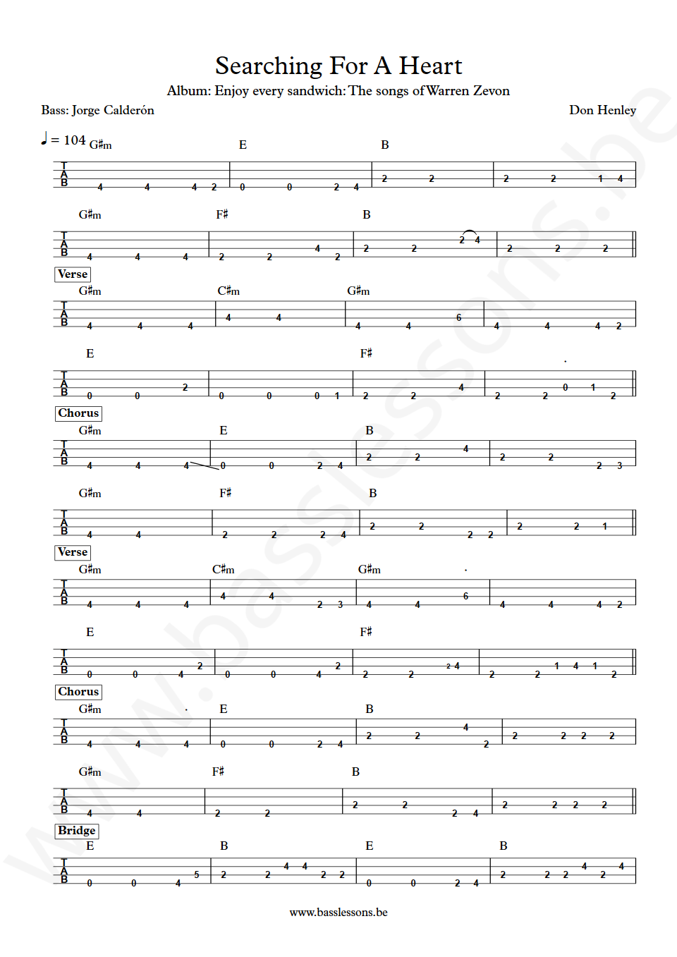 Don Henley Searching For A Heart Jorge Calderón Bass Tab