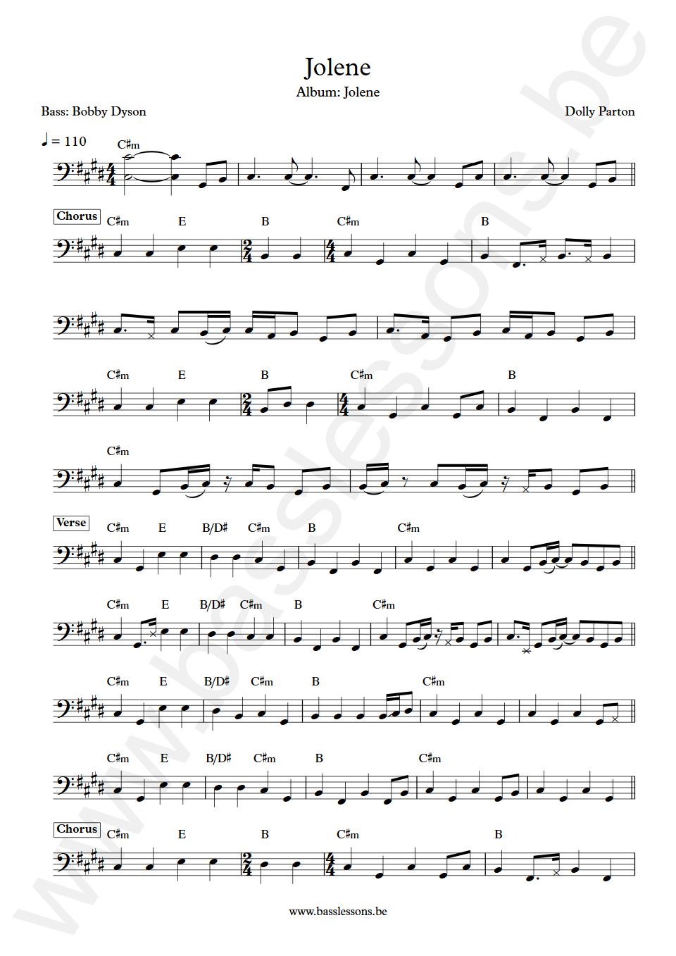 Dolly Parton Jolene Bobby Dyson Bass Transcription