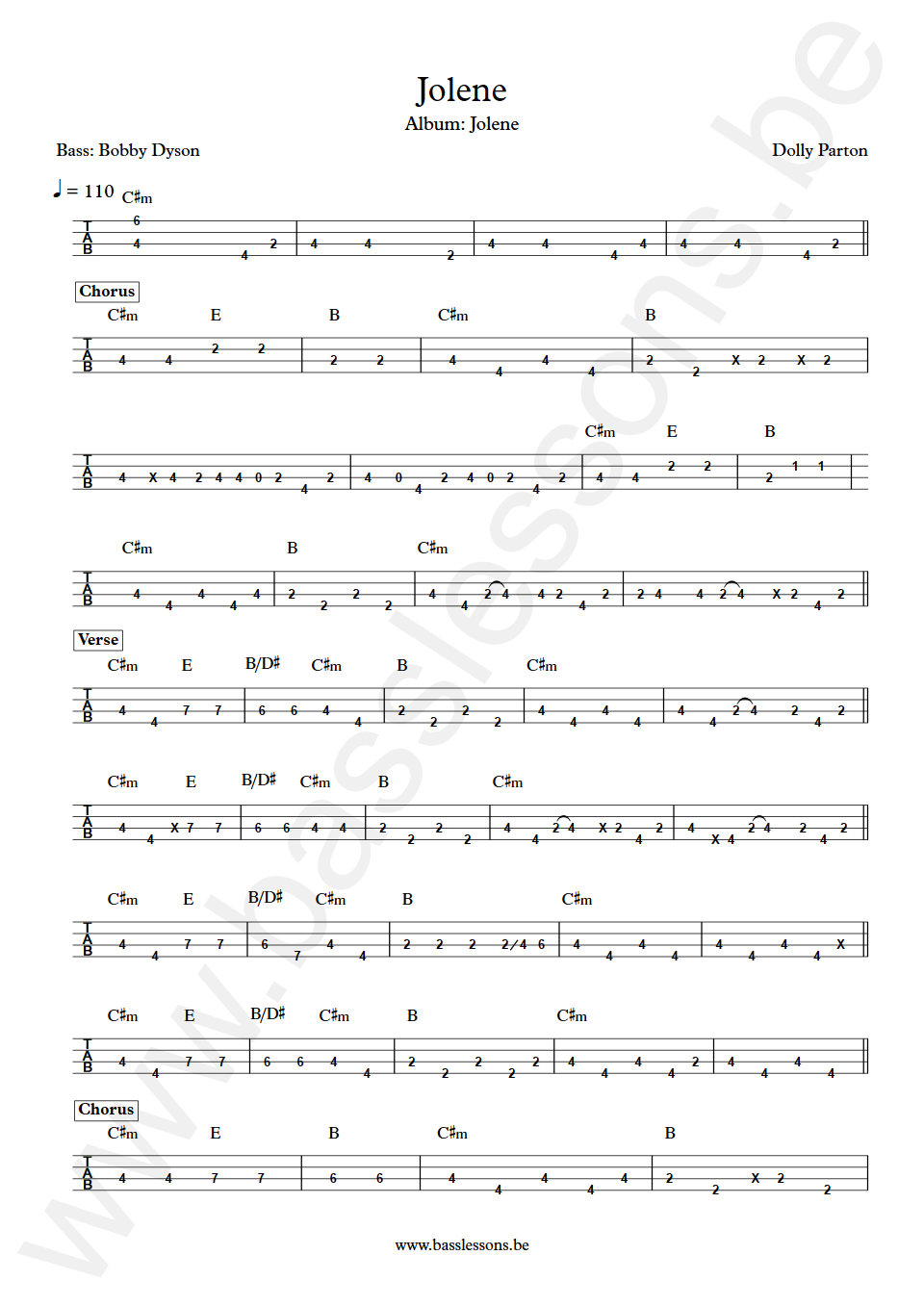 Dolly Parton Jolene Bobby Dyson Bass Tab