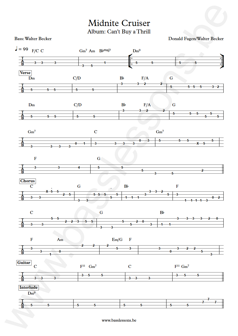 Steely Dan Midnite Cruiser Walter Becker Bass Tab
