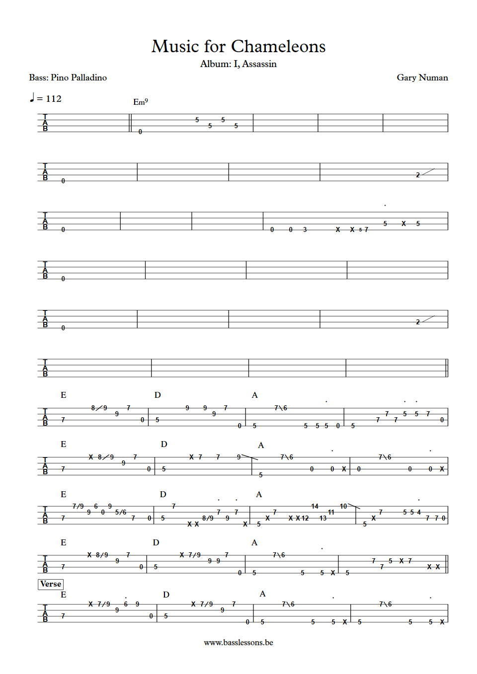 Gary Numan Music for Chameleons Pino Palladino Bass Tabs