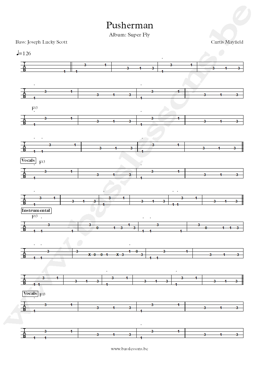 Curtis Mayfield Pusherman Joseph Lucky Scott bass tab