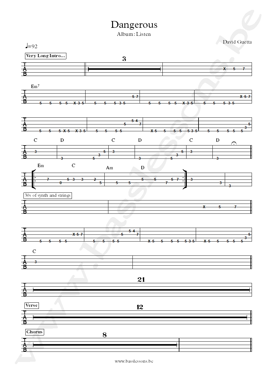 David Guetta Dangerous bass tab
