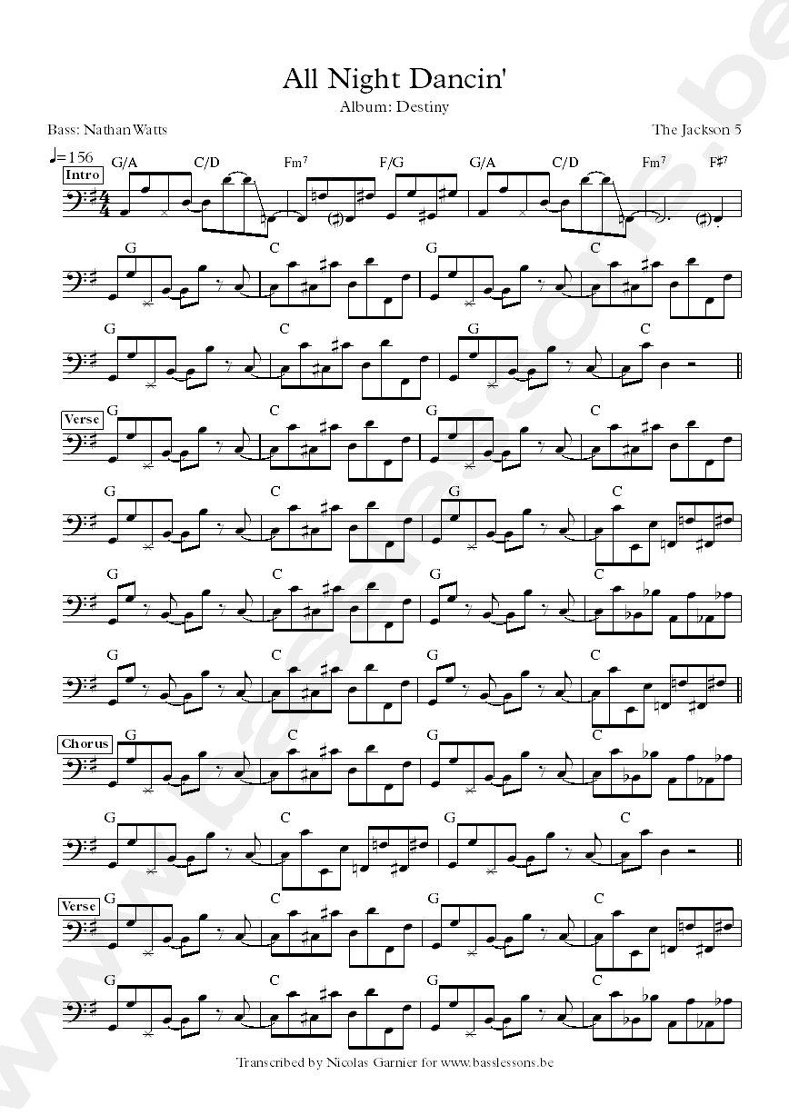 the jacksons all night dancin Nathan Watts bass transcription