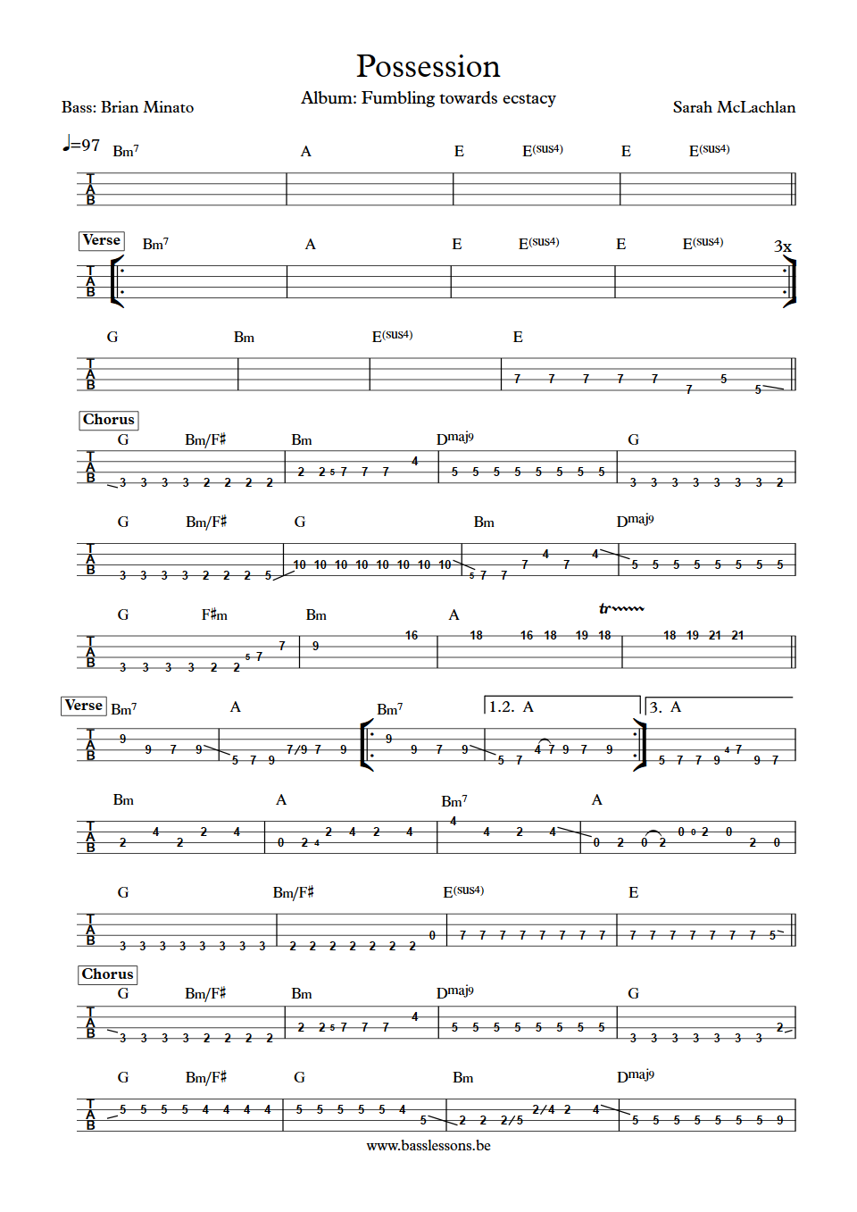 Sarah McLachlan Brian Minato bass tab possession