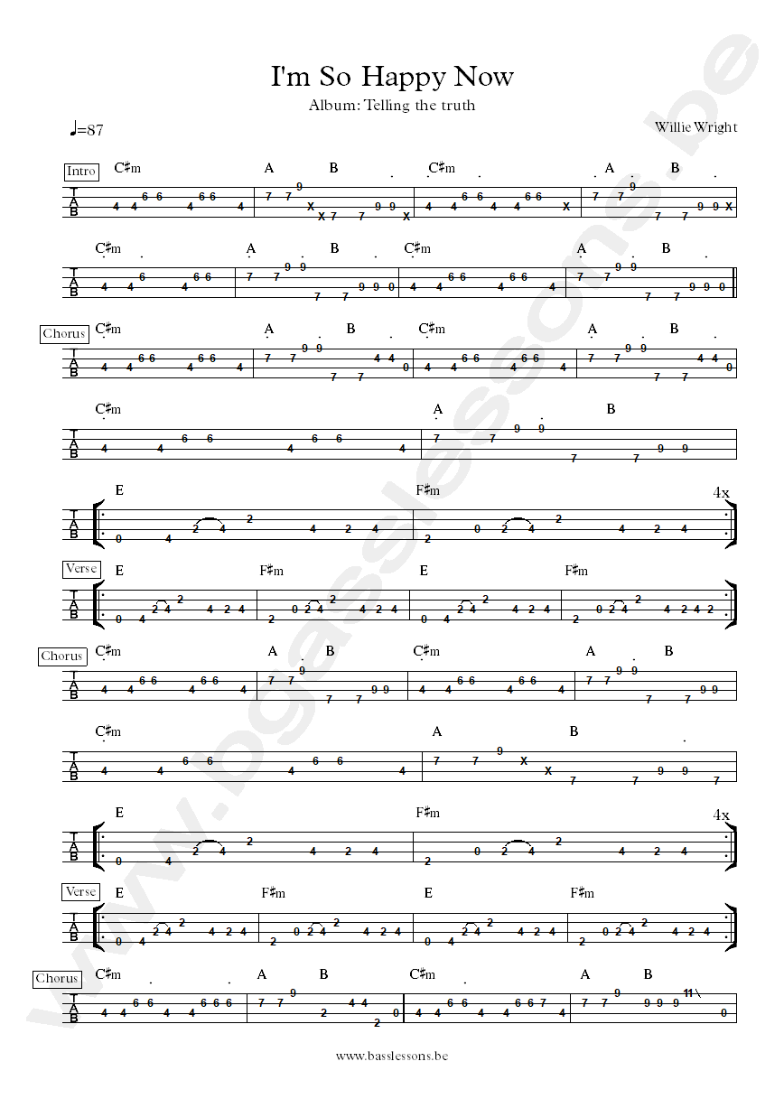 Willie wright im so happy now bass tab