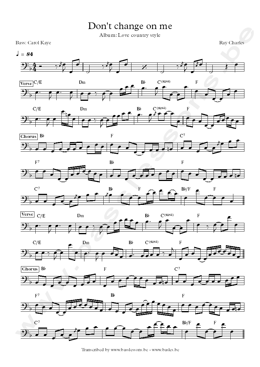ray charles carol kaye dont change on me bass transcription