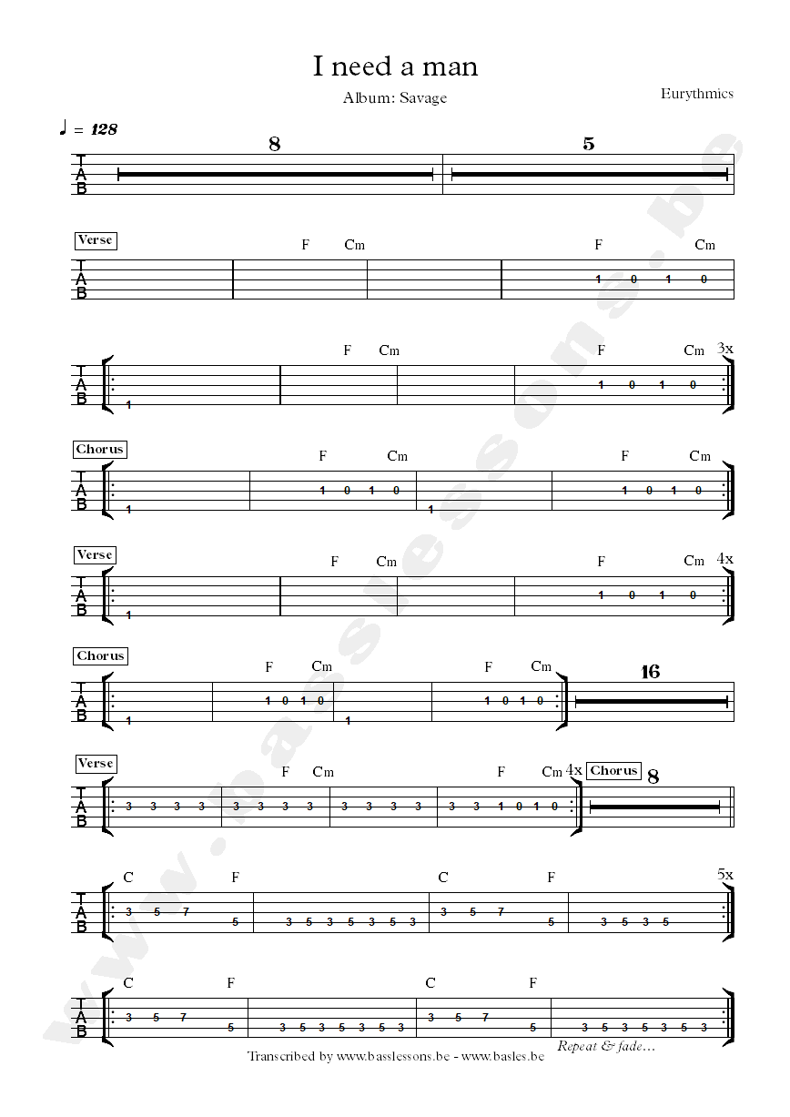 Eurythmics I need a man bass tab
