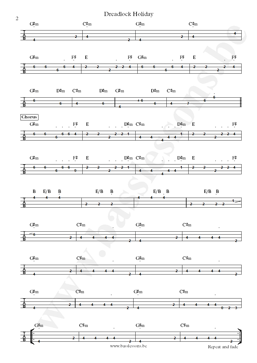dreadlock holiday bass tab part 2