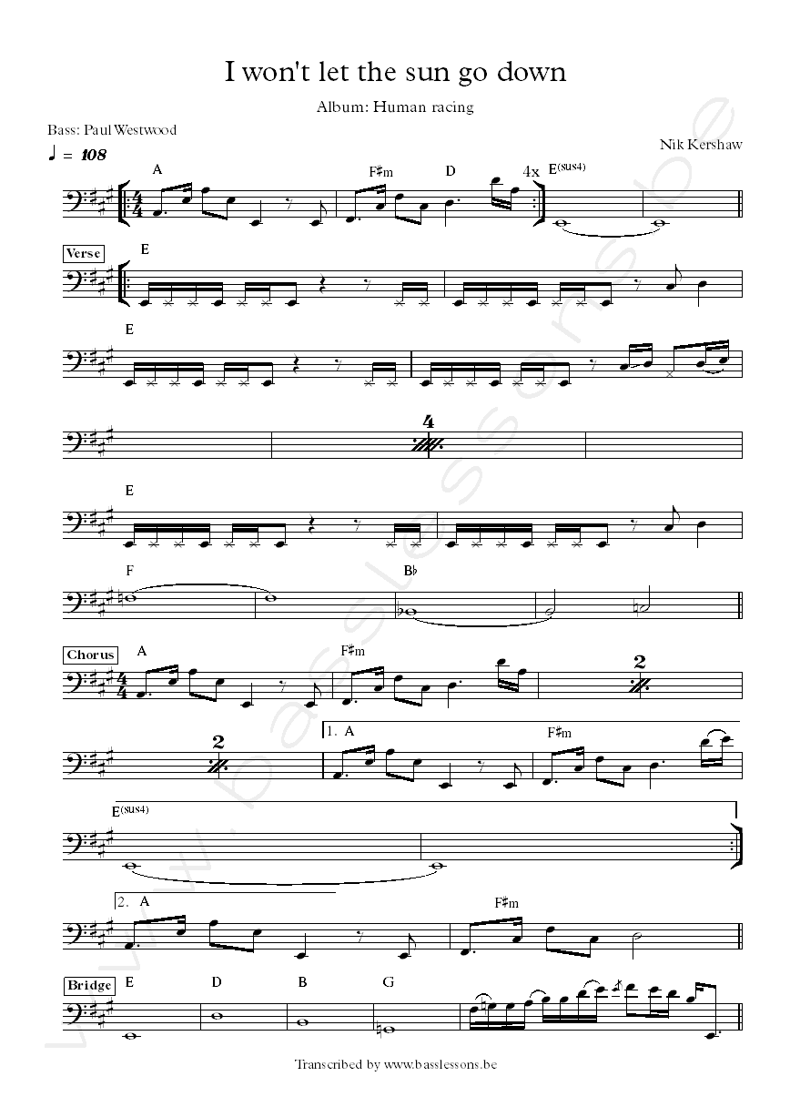 Nik Kershaw I Won't Let the Sun Go Down on Me bass transcription