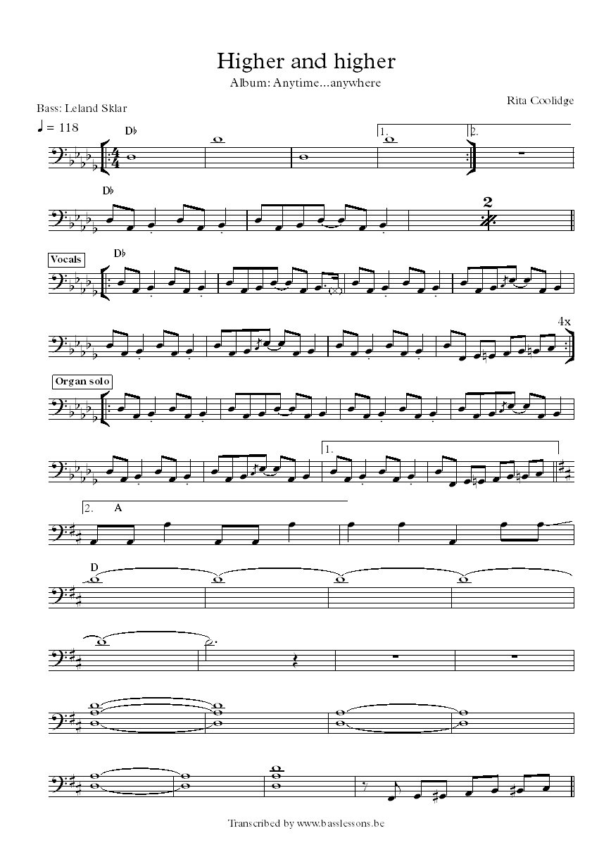 rita coolidge higher and higher leland sklar bass transcription