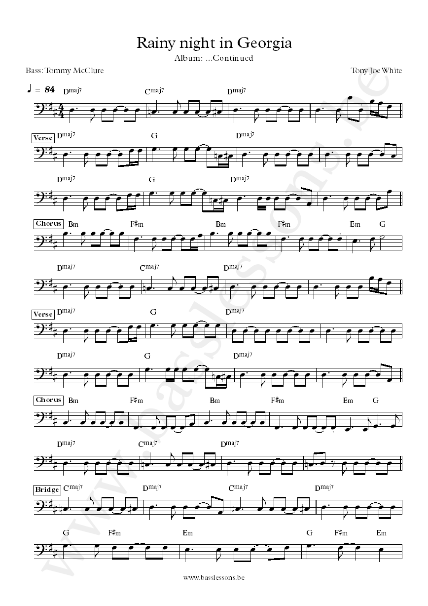 Tony Joe White Rainy night in Georgia bass transcription