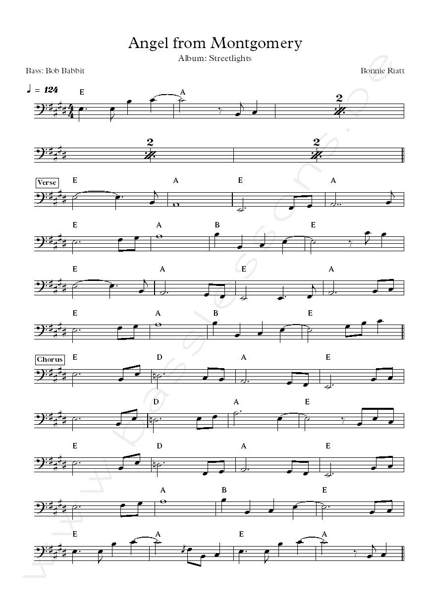 Bonnie Riatt Angel from Montgomery Bob Babbit bass transcription