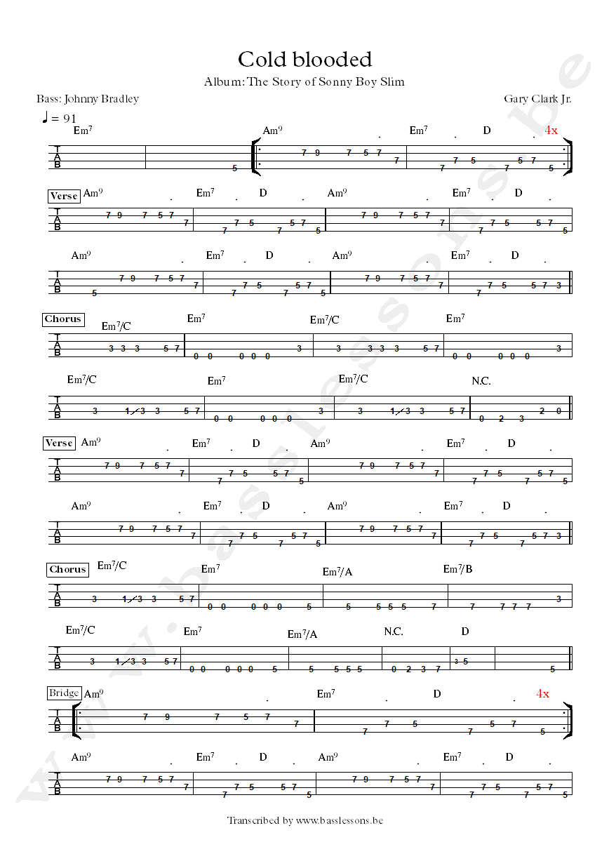 Gary Clark Cold blooded bass tab Johnny Bradley