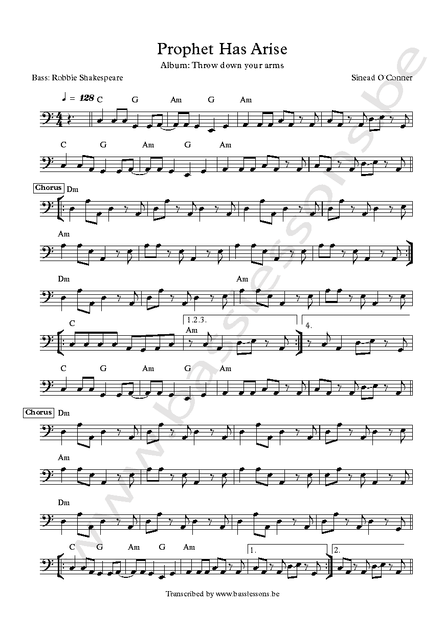 Sinead OConnor Prophet Has Arise  Robbie Shakespeare bass transcription