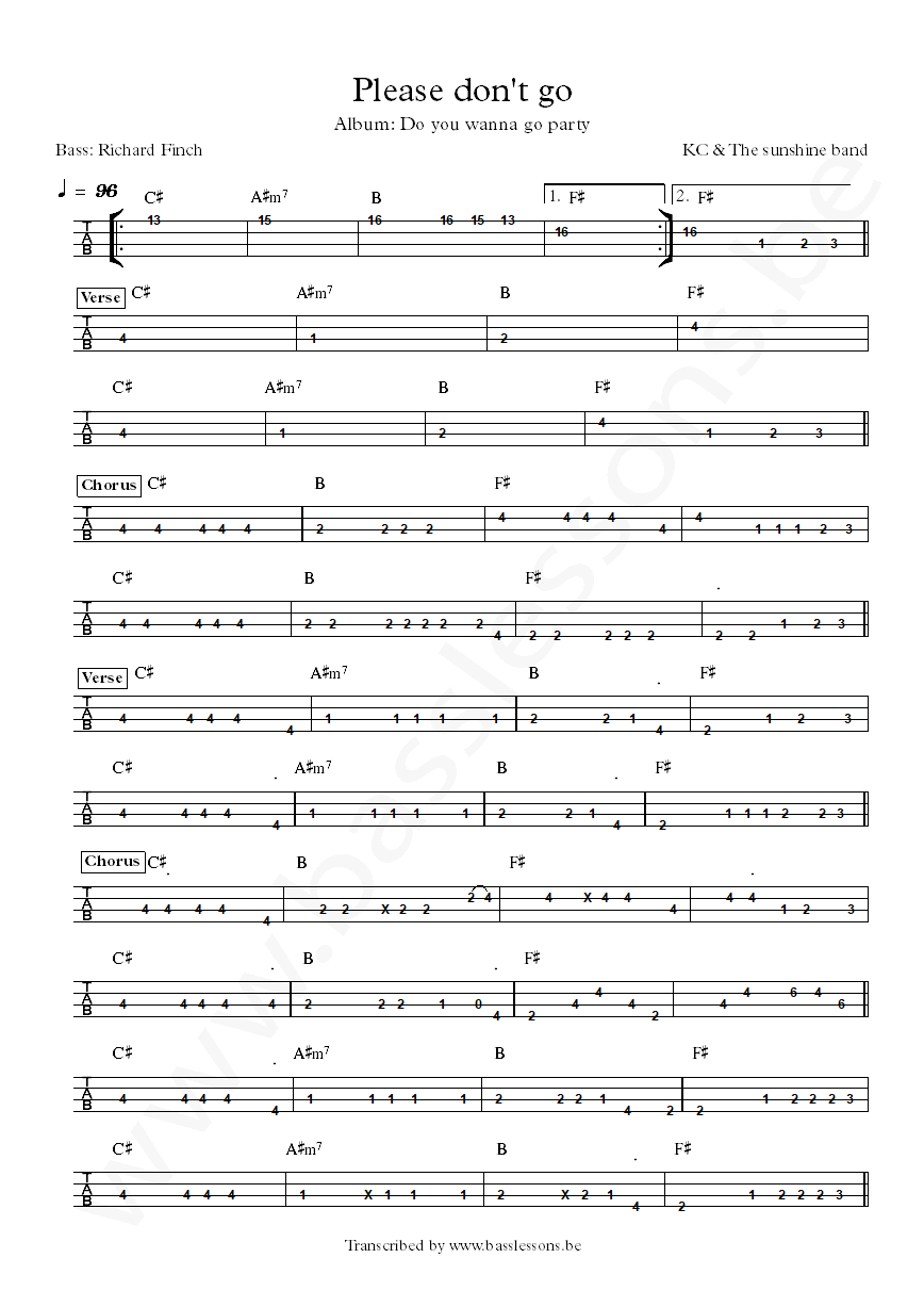 KC and the sunshine band Please dont go bass tab