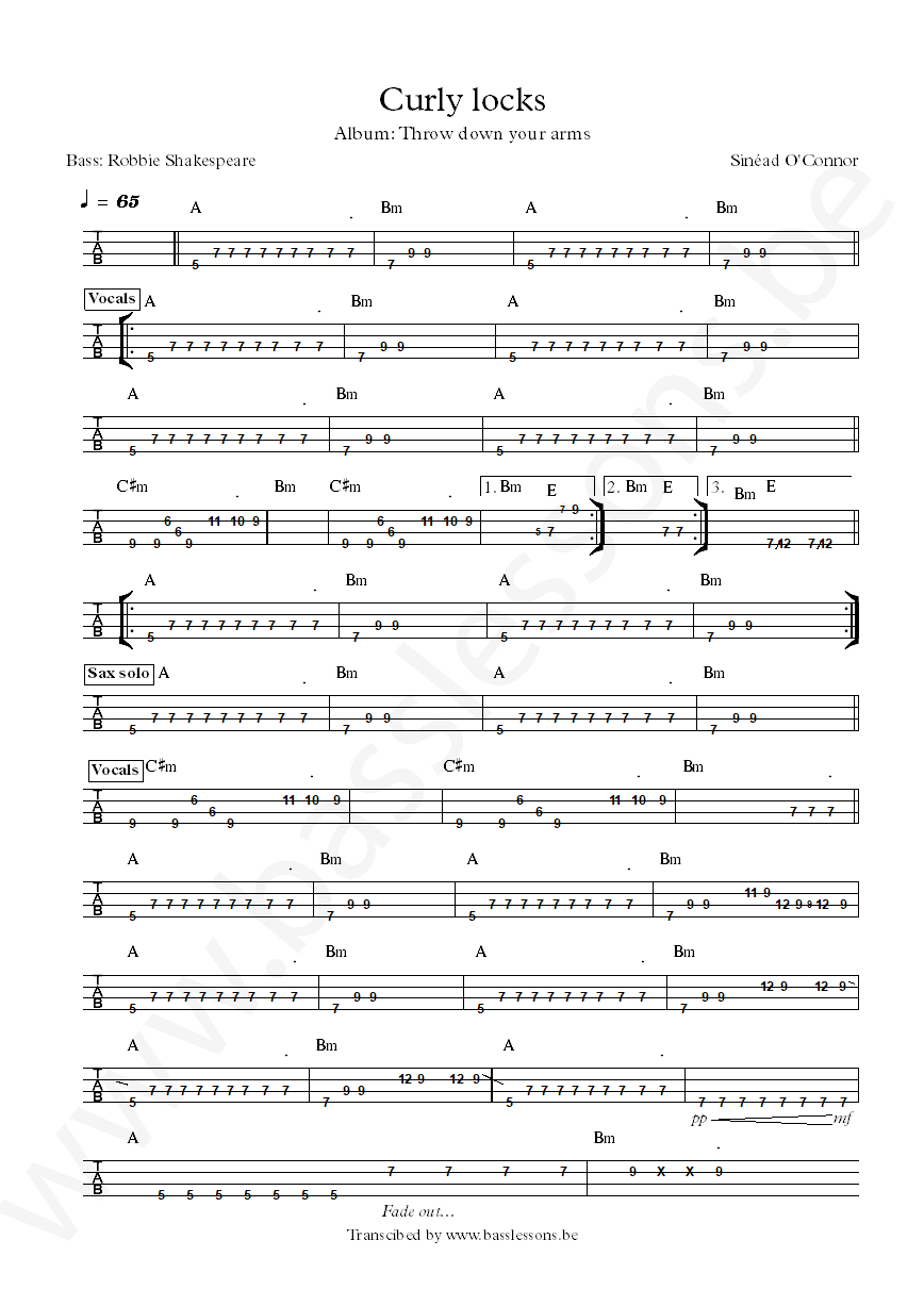 Sinead OConnor curly locks robbie shakespeare bass tab
