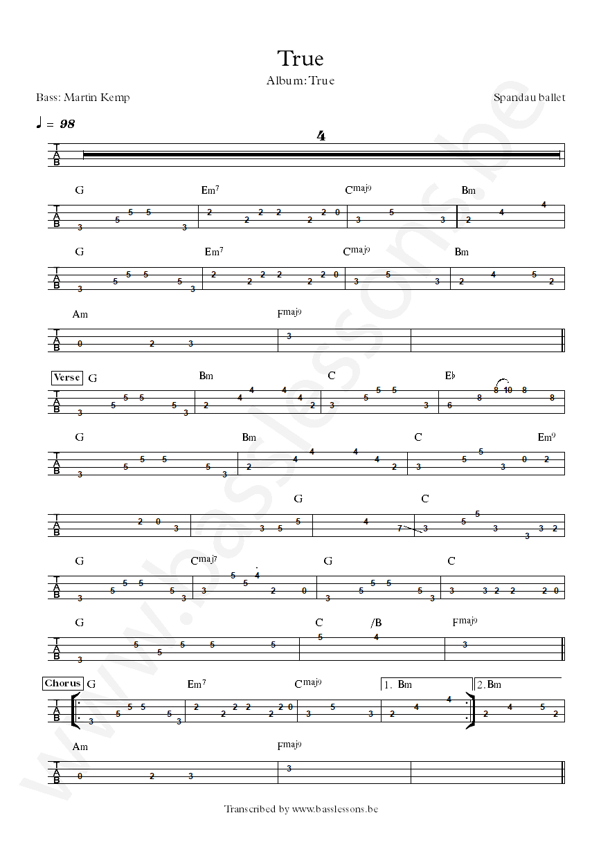 Spandau ballet true bass tab