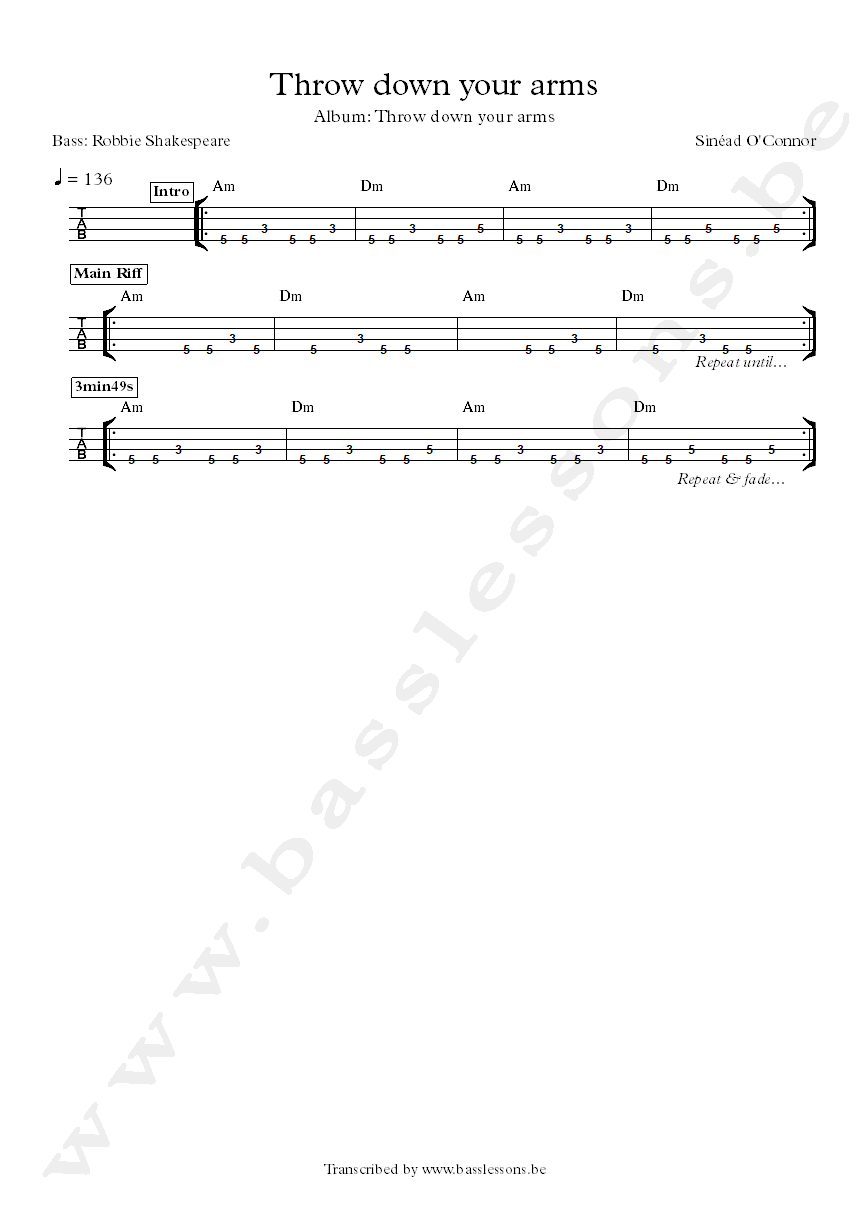 Throw down your arms Robbie Shakespeare bass tab