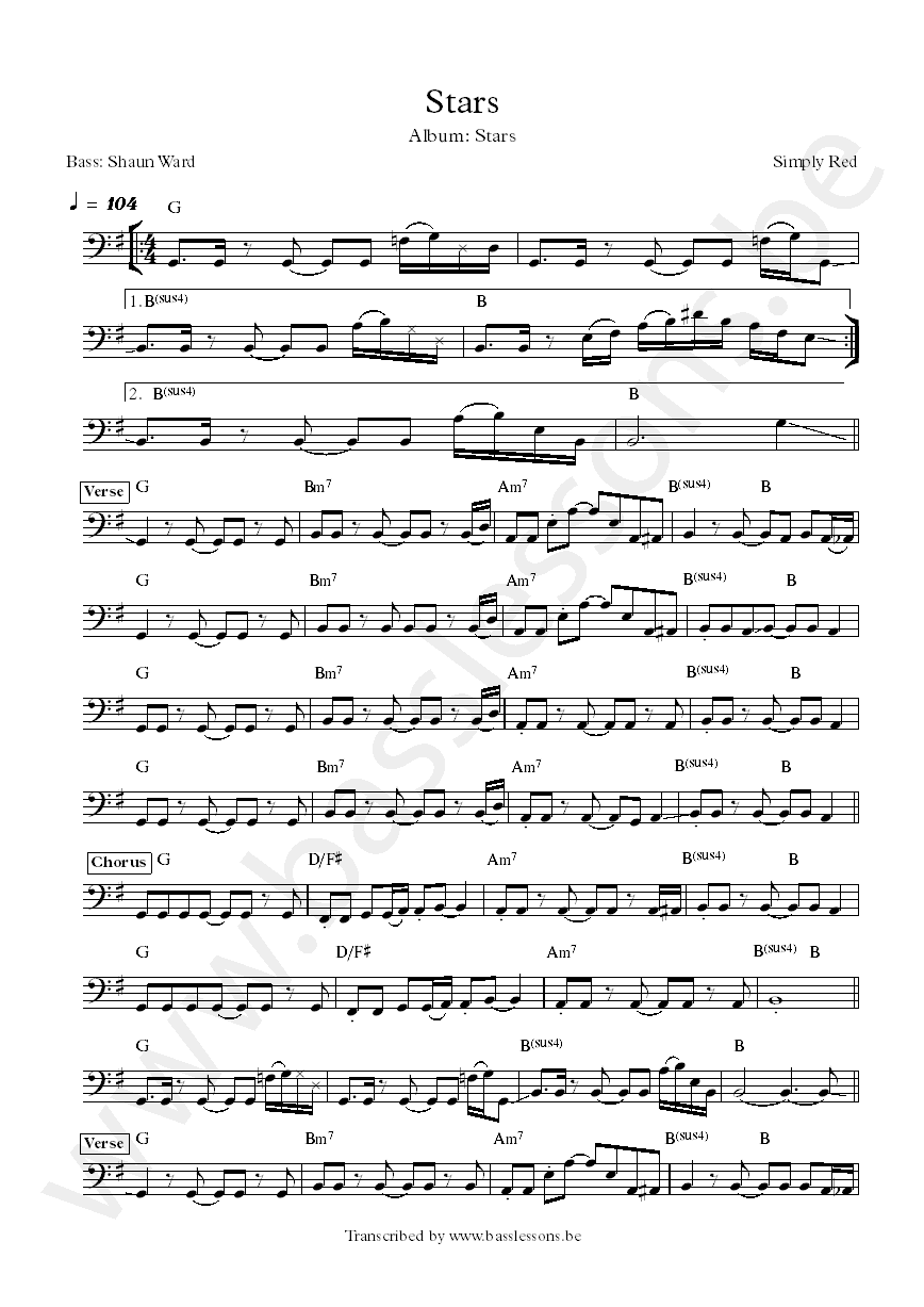 Simply red stars Shaun Ward bass transcription